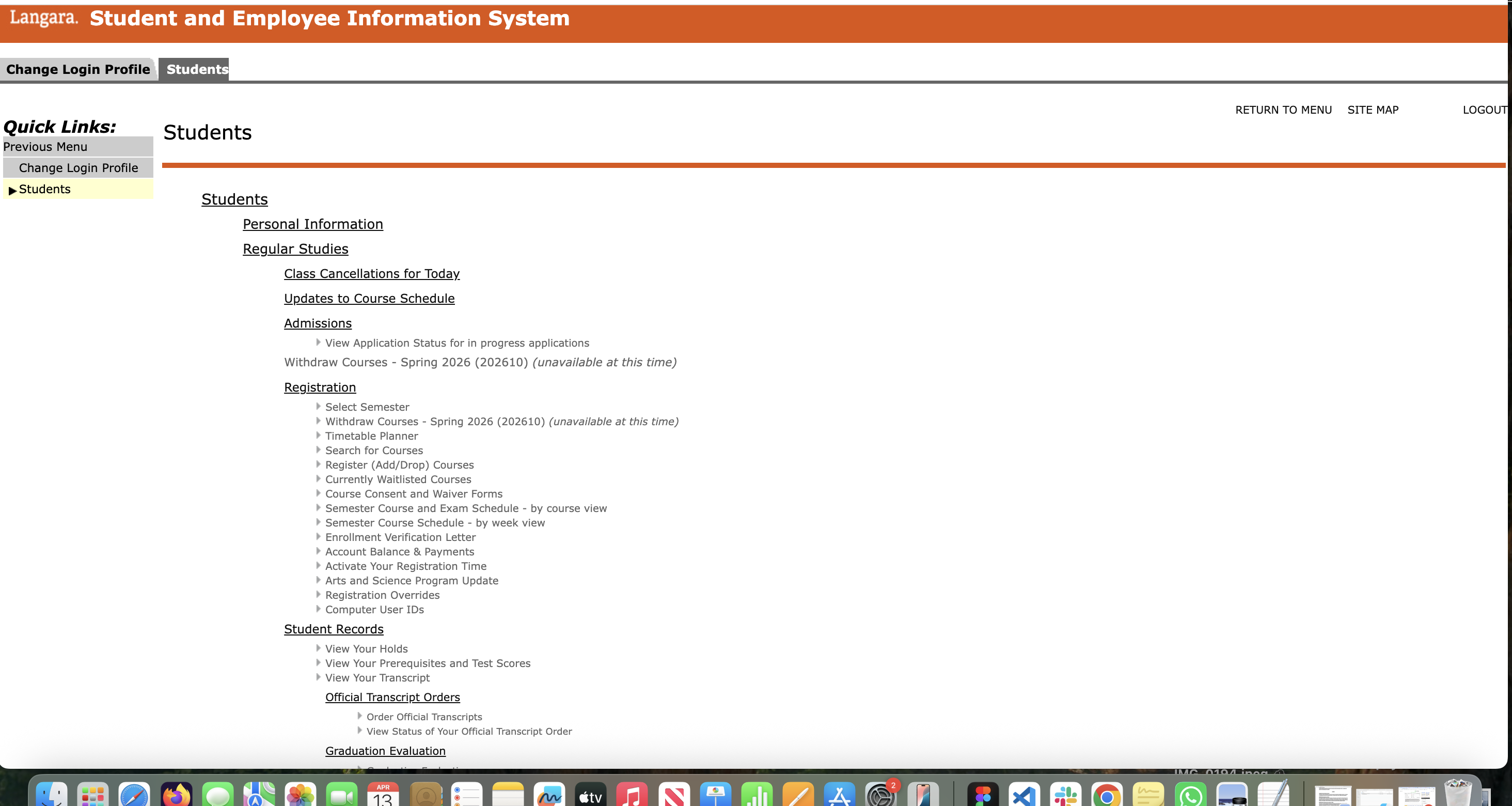 Langara College Dashboard Default View